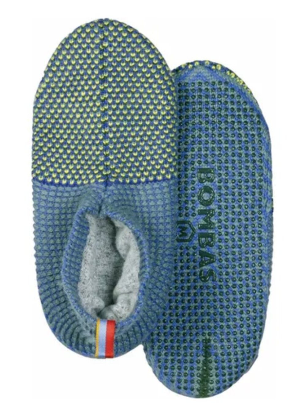 Bombas Blue Yellow Knit Gripper Slippers Unisex XL 13 - 15 Travel Lounge Comfy